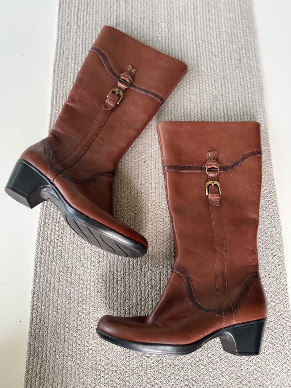 Clark’s Cognac Brown Leather Gold Buckle Tall Riding Boots Size 8